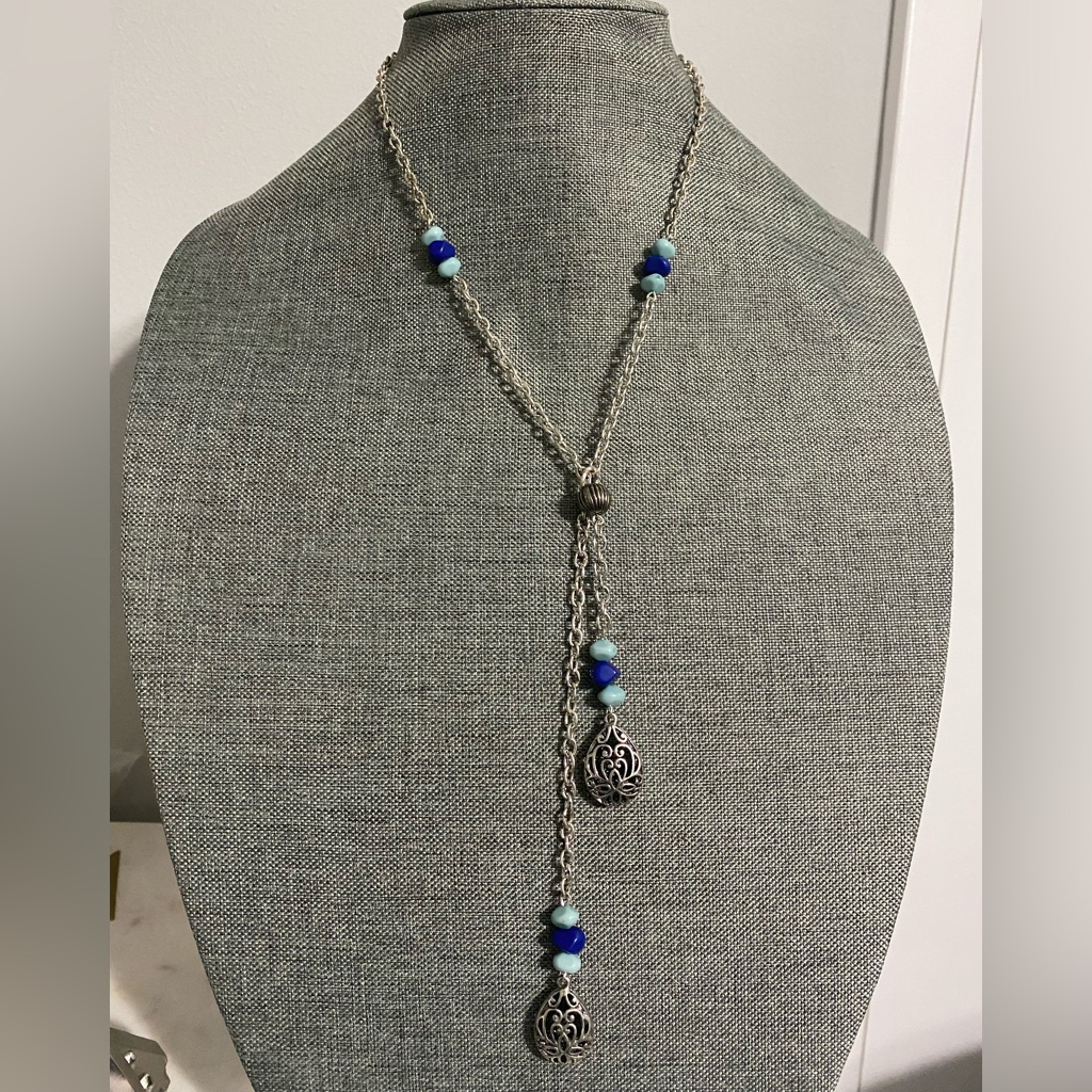Rmn Silver Slide Y Necklace With Blue And Aqua Beads 18$